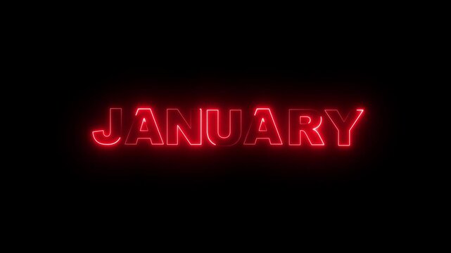 Abstract glowing text month January light neon black background. Word January neon glowing on a black background with reflections on a floor. Neon shine month name January text sign icon animation .