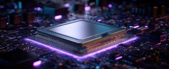 The microchip illuminating a futuristic electronic circuit board.