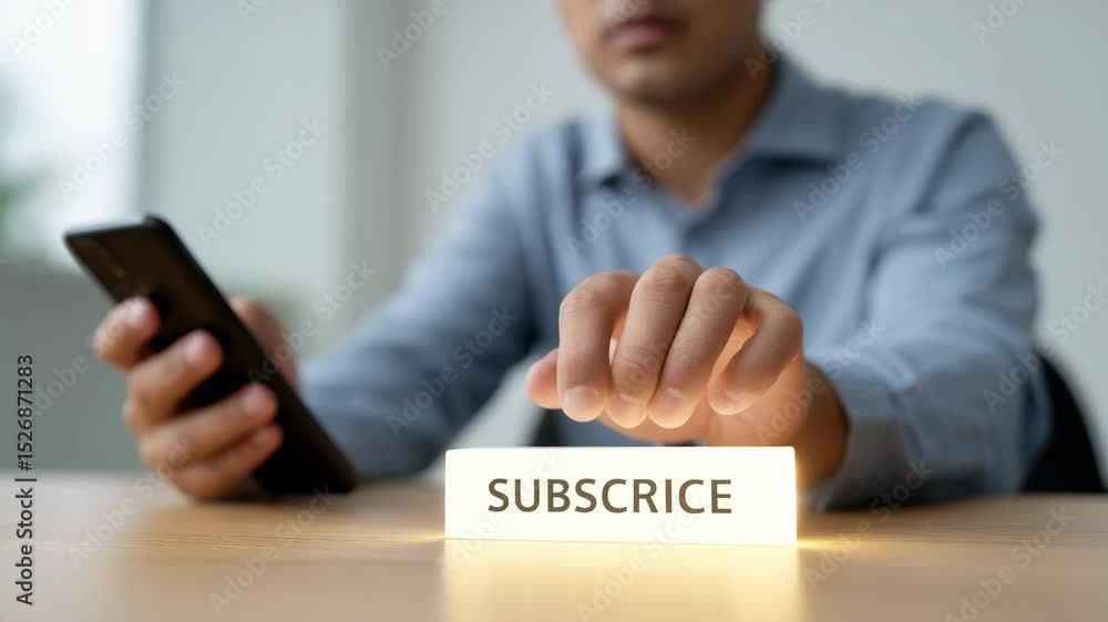 Poster engagement in digital interaction person pressing subscribe button on desk with smartphone for enhan