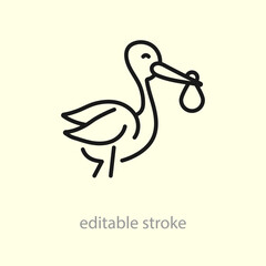 The stork carries the baby. Stork with the baby icon. Stork carrying little newborn. Pregnancy, delivery, labor or parenthood symbol. Vector
