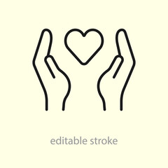 Heart in hand icon. Hands holding heart icon. Love symbol. Health, medicine symbol. Healthcare hands holding heart. Vector