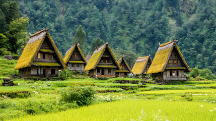 Obraz premium Traditional Thatched Houses in a Lush Green Rice Paddy Valley
