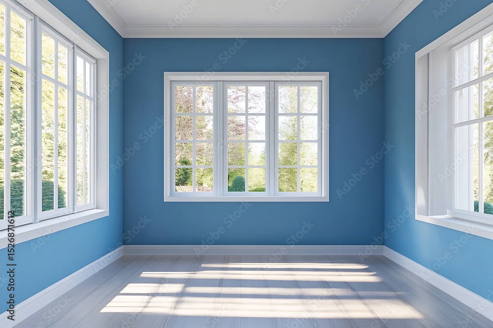 Poster blue empty room with window and parquet floor. 3d rendering