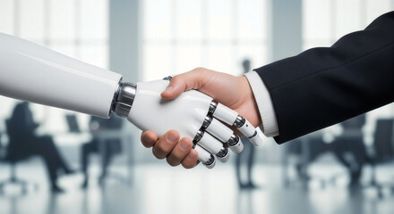 Human and robot shaking hands, representing artificial intelligence partnership and innovation in a modern business setting.