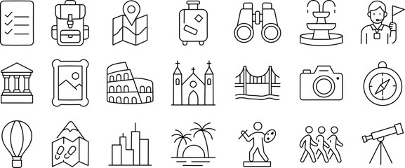 Travel & Tourism Stroke Icon Collection Containing Maps, Landmarks, Hotels, Navigation, and More Outline Icons. Editable Line Icons Set.