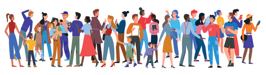 Fototapeta premium Crowd of people walk together, trendy society concept vector illustration. Cartoon different man woman characters walking, family with kids in multicultural international community isolated on white