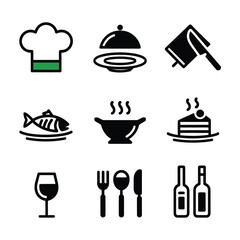vector icons cooking food chef hat include a pizza slice, a sushi roll, spaghetti and meatballs, a curry bowl burger , fish 
