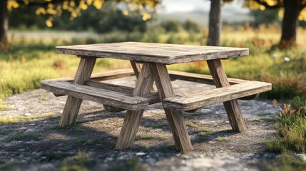 Naklejka premium Rustic wooden picnic table set ideal for outdoor gatherings and barbecues in gardens or parks
