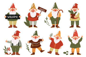 Cute garden gnomes or dwarfs vector illustration set. Cartoon funny myth fairytale characters with hats collection, small gnomes or trolls gardening, holding mushroom, plant pot isolated on white
