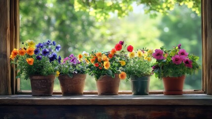 Obraz premium Colorful flowers in pots adorn a rustic window sill, framing a vibrant green outdoor view with natural light and cozy charm.