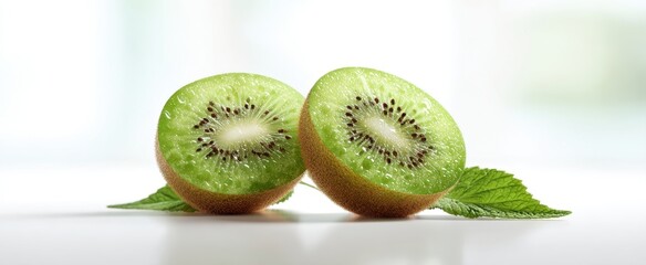 The vibrant kiwi fruit sliced to reveal its juicy, green interior.