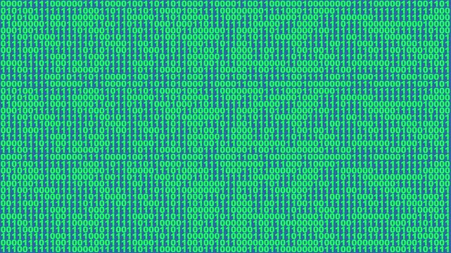 Glowing green binary digital code abstract background. Perspective wall of binary code digital pattern background. Full frame illustration graphic animation, ideal for technology compositions. 