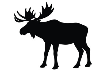 Moose With Horns Silhouette Vector Illustration Of Wild Animal In Forest For Clipart Design.