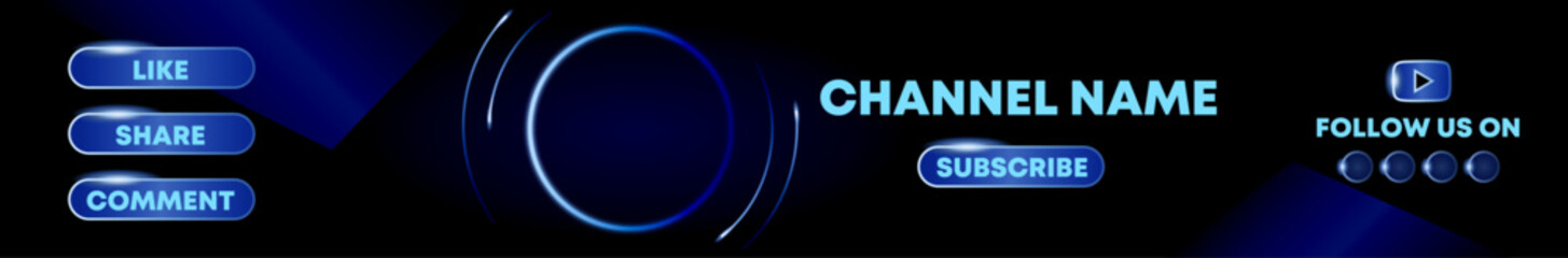 Modern Glowing Blue YouTube Channel Banner Design with Buttons for Like, Share, Comment, and Subscribe