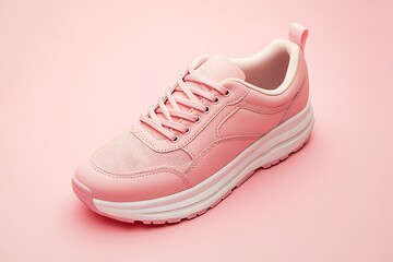 Pair of pink sneakers on pink background with copy space for text