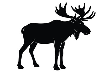 Moose With Horns Silhouette Vector Illustration Of Wild Animal In Forest For Clipart Design.