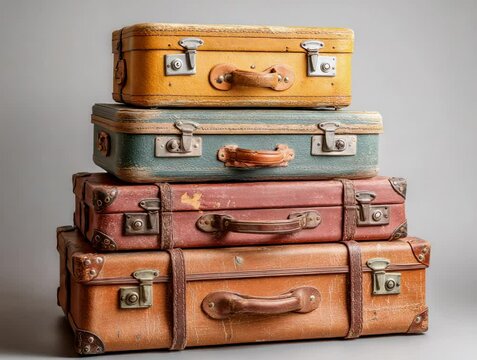 Vintage suitcases stacked neatly in various colors showcasing travel history and design