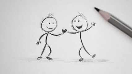 Drawing cartoon stick figures having fun in a creative art session with pencil on paper