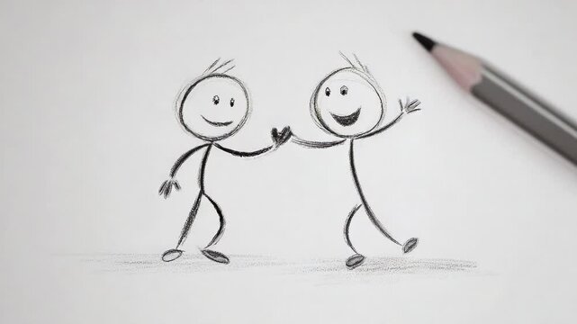 Drawing cartoon stick figures having fun in a creative art session with pencil on paper