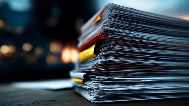 Stack of paperwork sits on a desk in office with city lights background