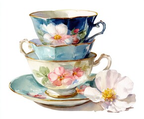 Watercolor Tea Cups with Floral Design - Stacked Vintage China Illustration for Tea Party Invitations and Elegant Decor (Isolated on White)