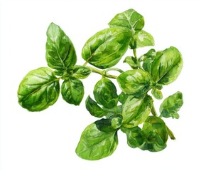 Obraz premium Watercolor Basil Branch Illustration - Fresh Herb, Culinary Ingredient, Botanical Art, Isolated on White, Vibrant Green Leaves, Detailed Painting