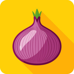 Vector illustration of a whole red onion with green stem on yellow background. Perfect for food, vegetable, farming, cooking, and healthy eating concepts.