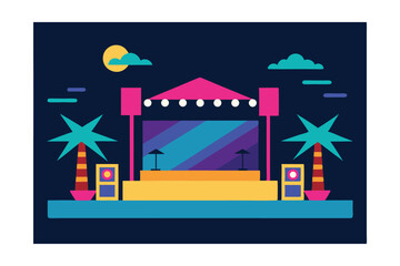 Vibrant Outdoor Concert Stage Design Nighttime Tropical Music Festival Illustration