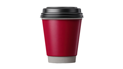 Disposable coffee cup with red sleeve and black lid transparent background, isolated and ready
