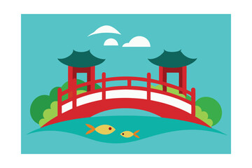 Naklejka premium Serene Asian Bridge Tranquil Water and Colorful Fish Illustration