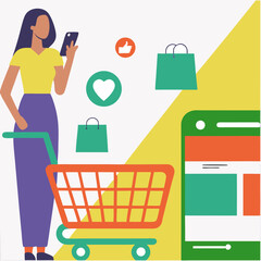 90s Style Woman Shopping Online with Cart – Retro Digital Shopping Illustration