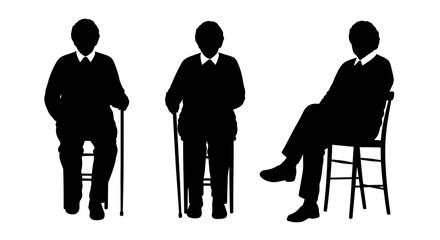Three elderly men in black silhouettes sitting on chairs with a white background