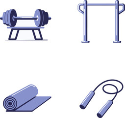 Home gym gear. Dumbbell stand, bar pull-up, yoga mat, and workout rope for strength training at home  