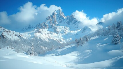 Fototapeta premium Snowy Mountain Peaks Under Bright Blue Sky in Winter Landscape