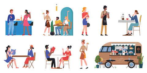 Fototapeta premium People eat food in cafe restaurant bar street market vector illustration set. Cartoon man woman characters waiting for waiter with food tray, holding wine glass, menu to order dish isolated on white