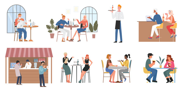 People eat food, drink coffee vector illustration set. Cartoon couple or friends characters eating together, sitting at restaurant bar cafe, waiter holding tray with wine bottle isolated on white