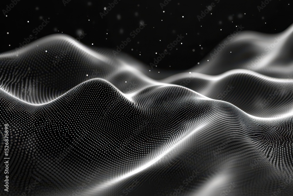 Poster visual representation of abstract wave motion and digital equalization in a dark setting, abstract w