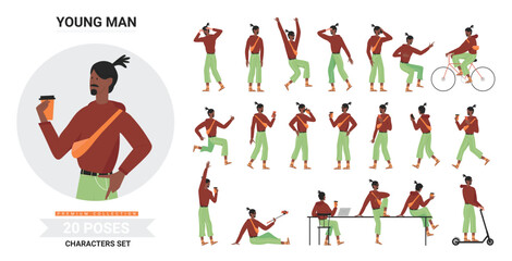 African american black young man poses infographic vector illustration set. Cartoon flat bearded hipster standing, walking smartphone coffee cup, riding bike bicycle or scooter postures isolated