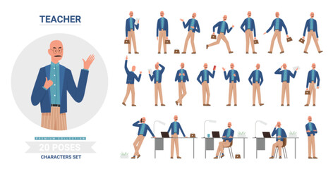 Teacher man poses vector illustration set. Cartoon smiling male school teacher character posing work pupils students, teaching postures lecture lesson collection isolated