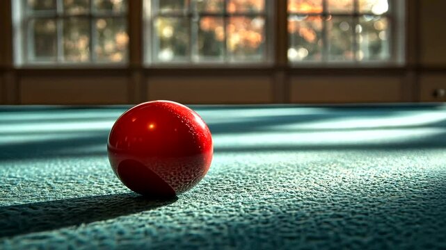 A solitary red ball rests on a green pool table, illuminated by soft sunlight streaming through windows