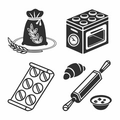 Baking ingredients utensils and oven icon set