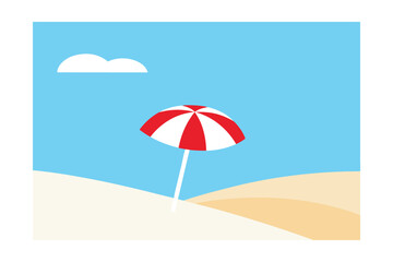 Fototapeta premium Red and White Striped Beach Umbrella on Sandy Shore Summer Vacation Illustration