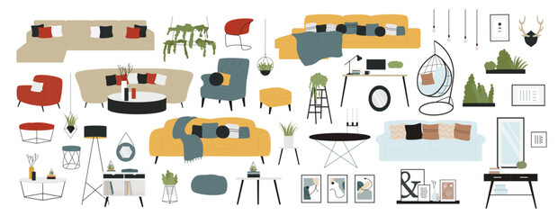 Furniture modern interior decor design for living room vector illustration. Cartoon furnishing elements collection with sofa couch armchair chair table vase lamp for home or office isolated on white