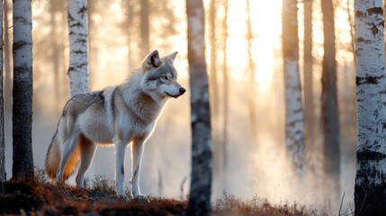 A quiet dawn forest hosts a lone wolf wrapped in mist. Minimalist composition and soft lighting highlight serenity, balance, and the spirit of the wild.