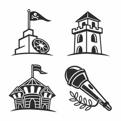 Black and white castle and pirate icons set
