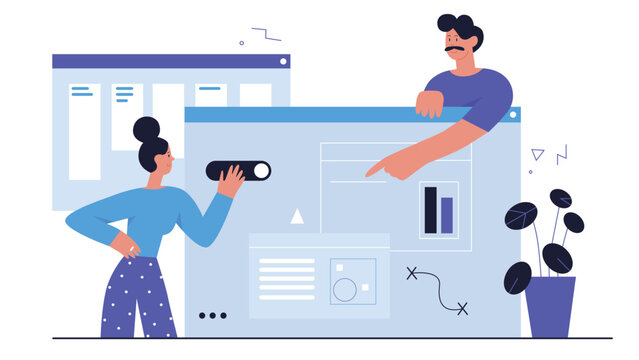 People develop ui ux design, abstract web development process vector illustration. Cartoon team of developer designer characters work on graphic interface, usability website app isolated on white