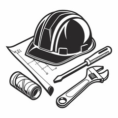 Professional construction tools blueprint hard hat design element