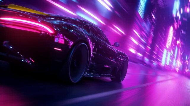 Sports car driving fast at night with neon lights. Synthwave style street racing through futuristic city. High speed chase