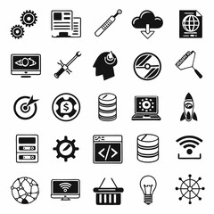 Black and white technology and business icons set