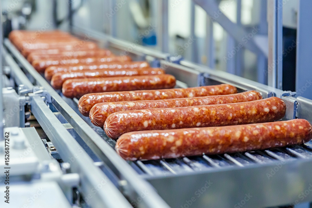 Poster Factory assembly line producing processed meat products Generative AI